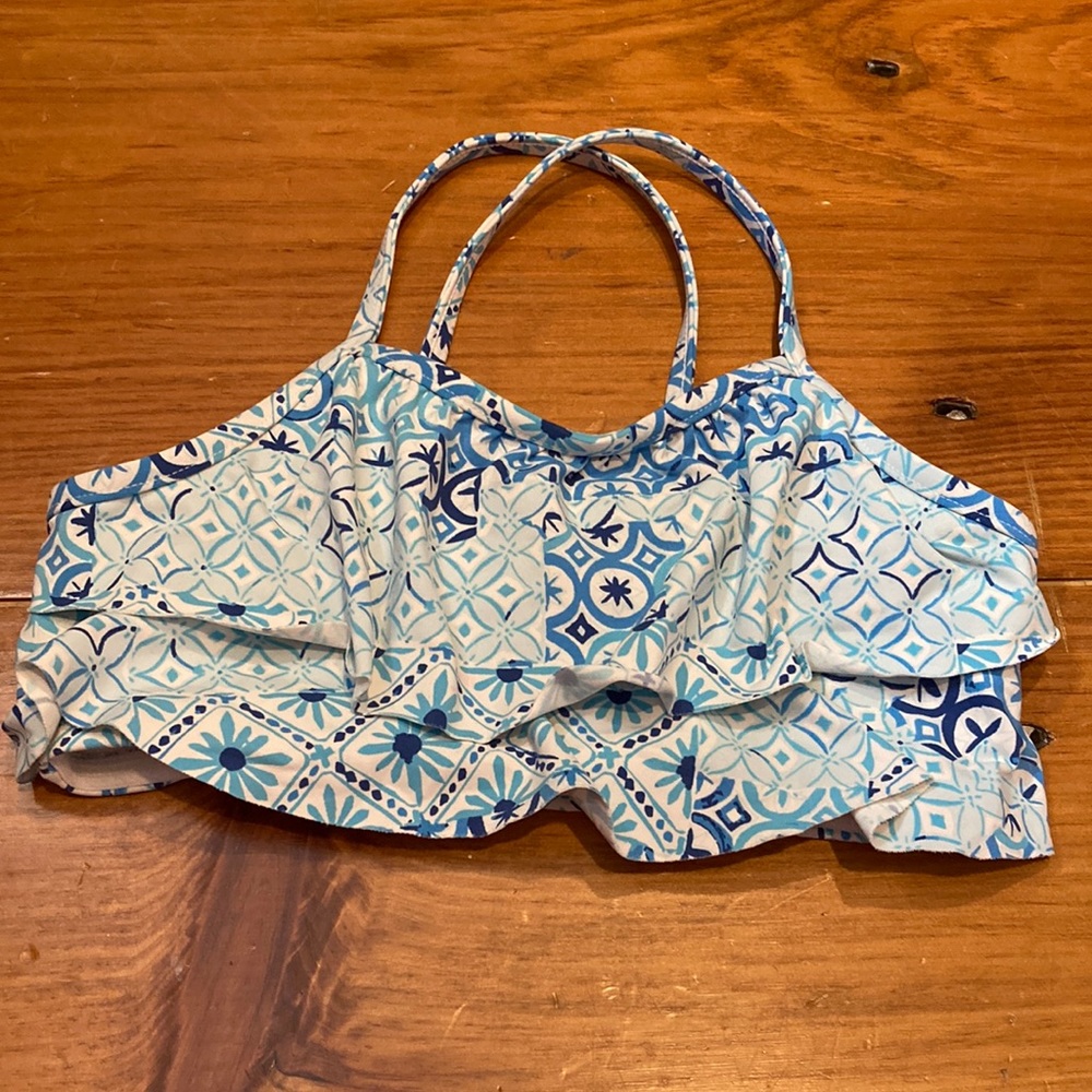 GARNET HILL KIDS 6 Blue Mosaic Tile Ruffled Bikini Top Lined